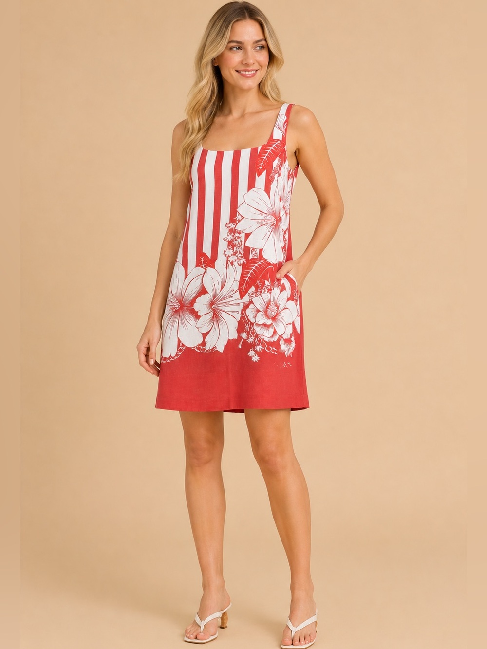 Farm Rio Red Floral Stripe Linen Mini Mini Dress Medium Pockets Botanical Boho